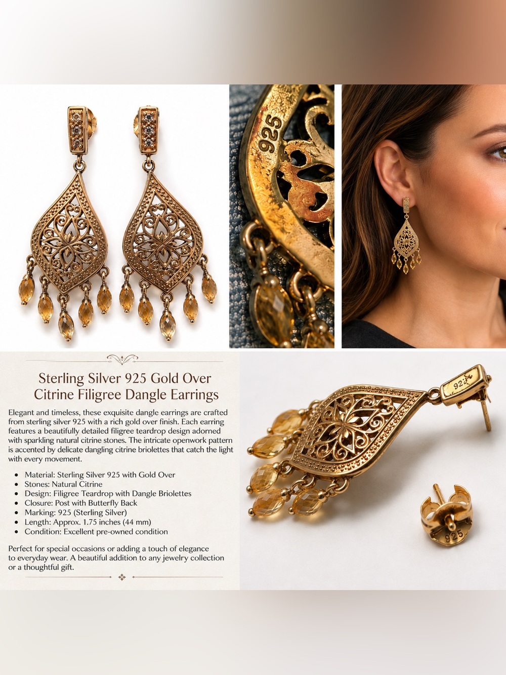 Sterling Silver 925 Gold-Over Citrine Filigree Dangle Earrings